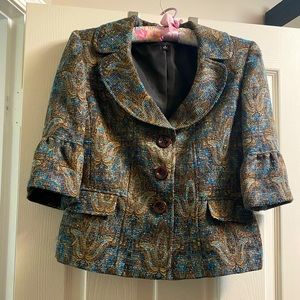 Brown, bronze, and blue blazer with peplum style detail